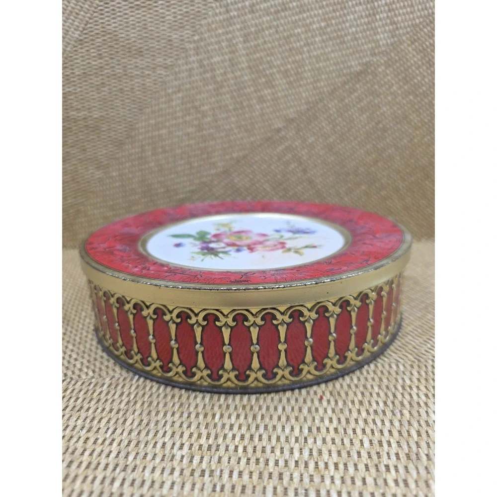 VTG Western Germany Decorative Tin Box Red & Gold Floral Embossed Container 8.5